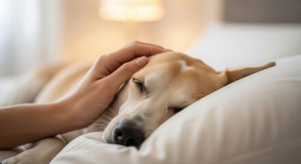 Plakat Peaceful sleeping dog resting comfortably on soft pillow in bright bedroom setting. Hand gently strokes sleeping dog head, showing care and companionship. Concept for pet owner relationship,