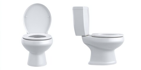 Front and side view of classic white ceramic toilet