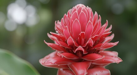 Close-up of a vibrant red ginger flower with delicate petals and water droplets.
