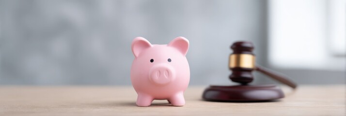 Pink piggy bank and wooden gavel on wood surface representing financial justice