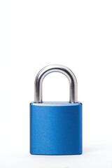 Fototapeta premium Blue metal padlock on white background secure protection device