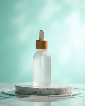 A clear glass dropper bottle on a marble platform with a pastel background