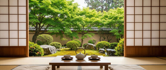 Naklejka premium Traditional Japanese tea room with tatami mats and shoji screens overlooking a lush green zen garden with stone lanterns and moss. 