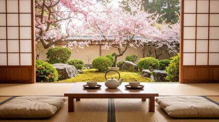 Traditional Japanese room with tatami mats and shoji screens overlooking a beautiful zen garden with blooming cherry blossoms in spring.