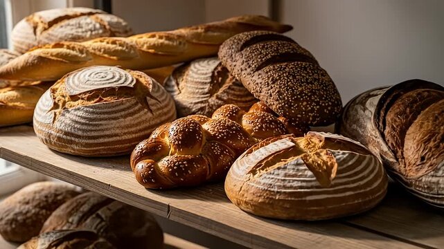 Freshly baked artisan breads displayed on a rustic wooden shelf near a sunlit window