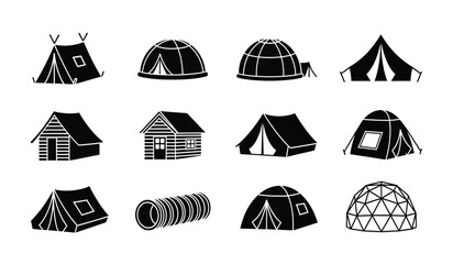 Collection of various tent and camping shelter icons in black silhouette © Thysl2000