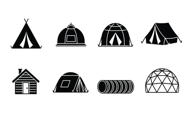 Collection of various tent and camping shelter icons in black and white