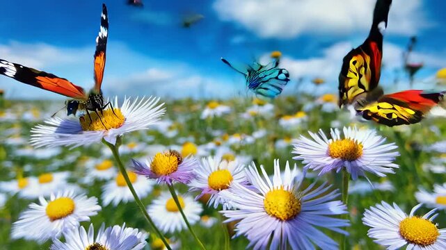Butterflies and bees on a meadow. Summer landscape with daisies and flying insects and a summer blue sky. Mp4.