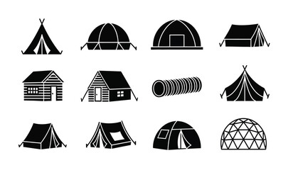 Collection of various tent and camping shelter icons in black silhouette © Thysl2000