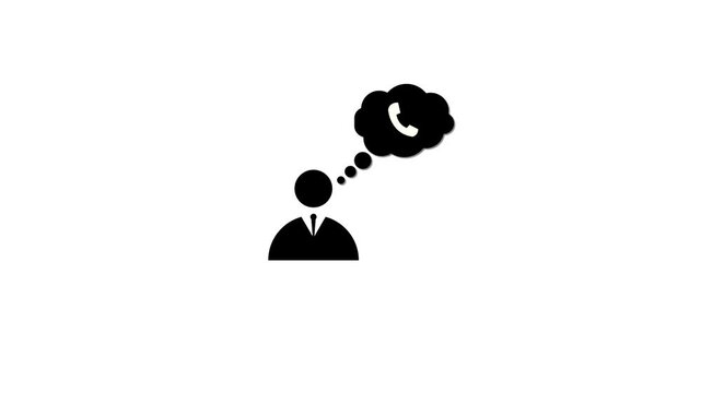 Simple black icon of a person thinking about making a phone call, with a telephone handset inside a thought bubble on white background.