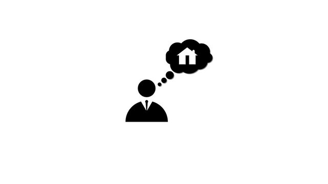 Minimal black icon of a businessman thinking about a house in a thought bubble on white background, symbolizing real estate planning or home buying concept.