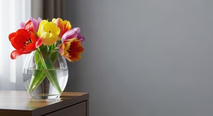 Fototapeta premium Colorful tulips in clear glass vase on wooden table. Fresh colorful tulips bouquet brightens room with natural light, soft curtain visible. Concept colorful tulips for spring decor, greeting cards,