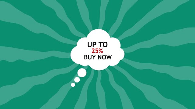 Green radial burst background with white thought bubble containing sale text "up to 25% buy now"; minimal promotional banner design with copy space.