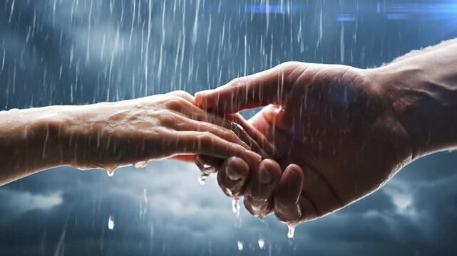 Two hands reaching out to each other in the rain, symbolizing help and support during a storm.