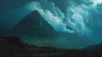 A mountain stands tall as dark clouds swirl around its peak in a remote area. The atmosphere feels heavy as the day turns to night.