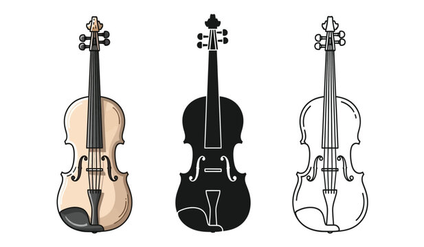 Three violins in different colors and line art