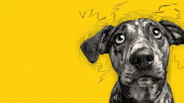 A dog has a worried look on its face against a bright yellow background. Chaotic sketches surround the dog's head representing thoughts of anxiety and stress.