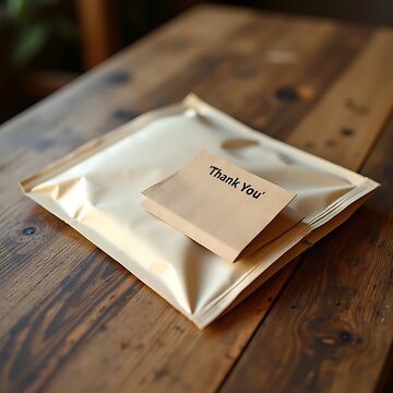 A small thank you note on a shiny gold package on a wooden table