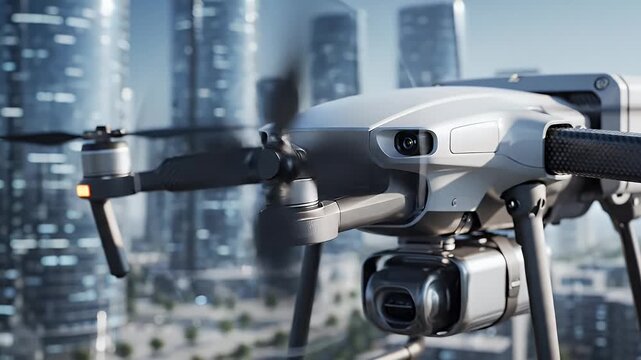 Close-up of a drone in flight with spinning propellers; cityscape blurred in the background