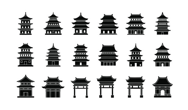 Collection of various asian pagoda and temple silhouettes for design and decoration purposes