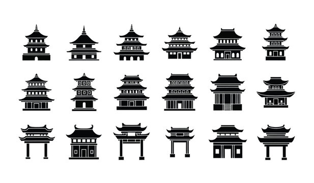 Collection of various traditional chinese pagodas and gates in black silhouette