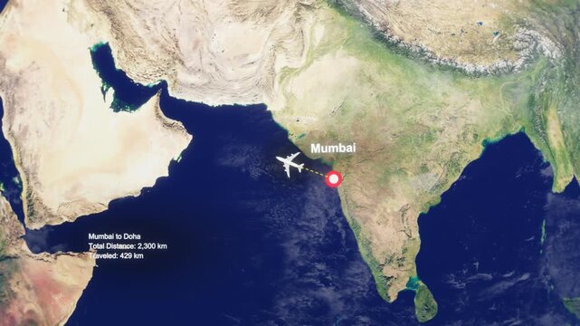 3D Earth Flight Route Mumbai To Doha With Dotted Path And HUD Data