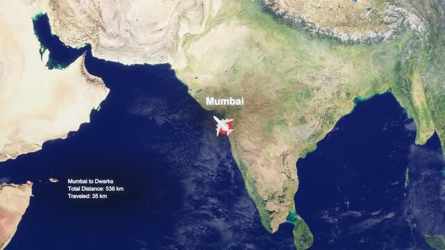 3D Earth Flight Route Mumbai To Dwarka With Dotted Path And HUD Data