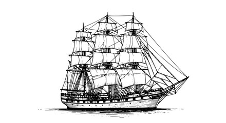 Majestic yacht sailing ship with large sails, cruising on the ocean waves, drawn in an engraved, woodcut style sketch engraving vector illustration. Scratch board. JPEG version.