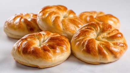 Baked goods sit on a white cloth featuring several round pastries with a golden brown top. The smooth surface shows their fresh texture. Perfect for snacks and breakfast.