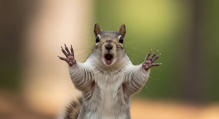 Fototapeta premium Squirrel with open mouth and raised paws, expressing surprise or shock.