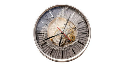 A broken clock face with visible internal mechanisms against a black backdrop