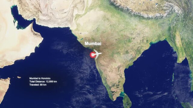 3D Earth Flight Route Mumbai To Honolulu With Dotted Path And HUD Data