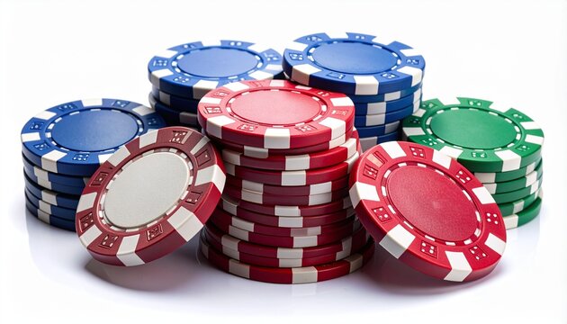 Colorful casino poker chips stacked in piles for gambling games like Texas Hold'em or Blackjack. Close-up shot of gaming tokens used for betting and winning, isolated on a white background.