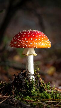 Toadstool mushroom; red cap with white spots in mossy forest floor. Tall white stalk. Dark background