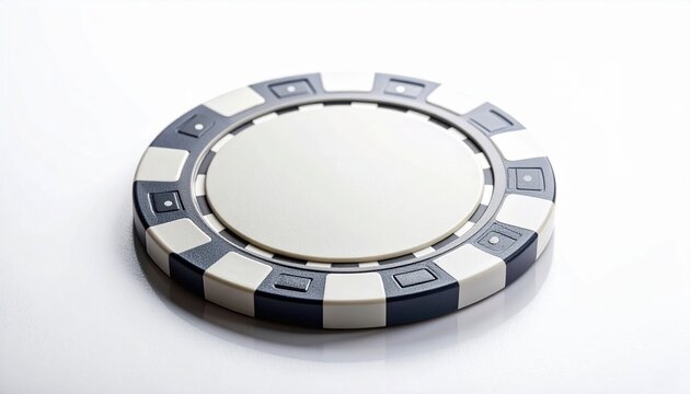 Close-up of a single black and white poker chip with a blank center, ideal for mockup or template use in casino and gambling themes. Gambling token isolated on a clean white background.