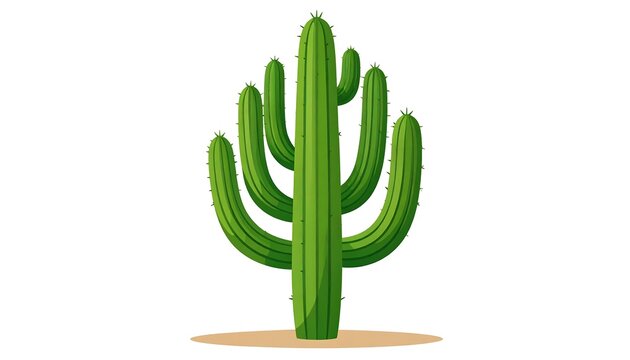 Tall, green, cartoon cactus with seven arms on desert sand