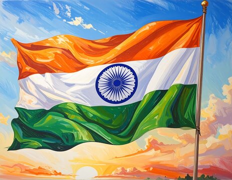 Waving Indian flag against a blue and orange sky, sunshine