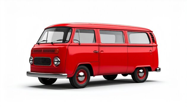 Classic red vintage van from the 60s or 70s. Side view of a retro minibus, a symbol of hippie culture and road trips. Detailed 3D render illustration isolated on a white background.