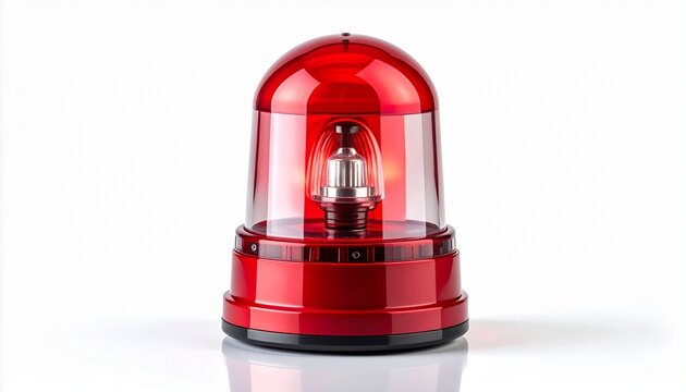 Red emergency light siren, a flashing beacon for alert and warning situations. This security alarm lamp is isolated on a white background, perfect for concepts of danger, police, or urgency.