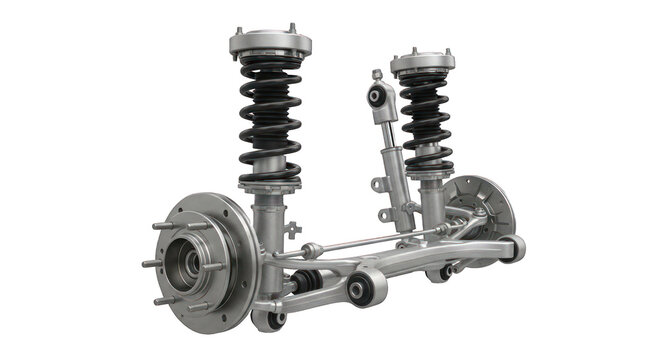 A detailed, isolated view of an automotive suspension system showcasing shocks and springs