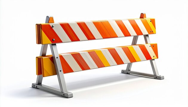 A detailed 3D illustration of a portable traffic barrier with orange, yellow, and white diagonal stripes, used for road safety, construction sites, and detours, isolated on a white background.