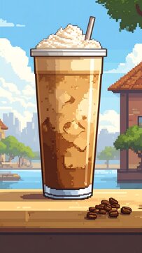 Iced coffee with whipped cream stands on a ledge against a blurred outdoor background
