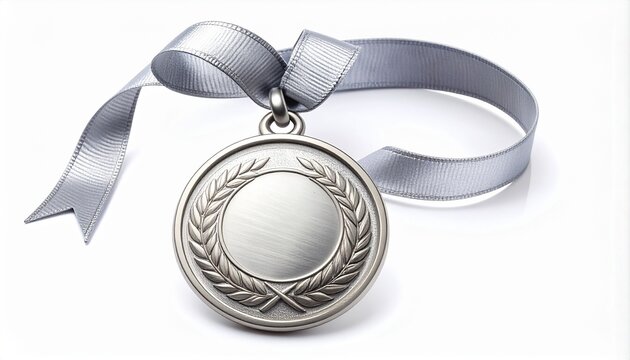 Silver medal with laurel wreath and ribbon for second place in a competition. Represents achievement, victory, and success. Blank award for winner isolated on a pure white background.