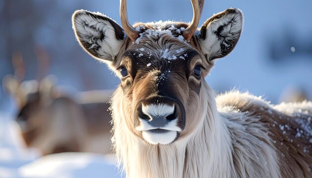 Reindeer face in snow. Antlers, winter scene, and blurred background