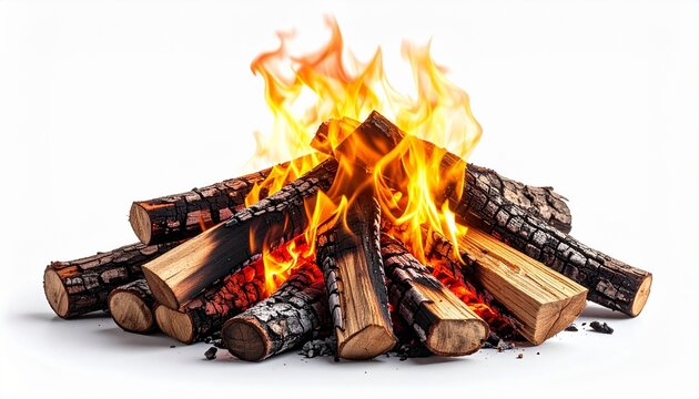 Vibrant campfire with stacked burning logs and intense orange flames, creating a cozy and warm atmosphere. The firewood shows glowing embers and charred wood details, perfectly isolated on a white bac