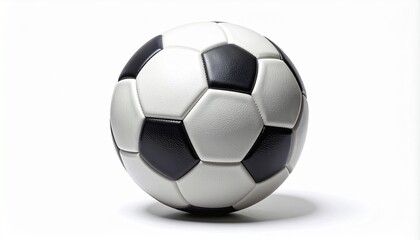 Fototapeta premium Classic black and white soccer ball isolated on a white background. Detailed studio shot of traditional football sports equipment, showing leather texture. Concept of game, match, and competition.