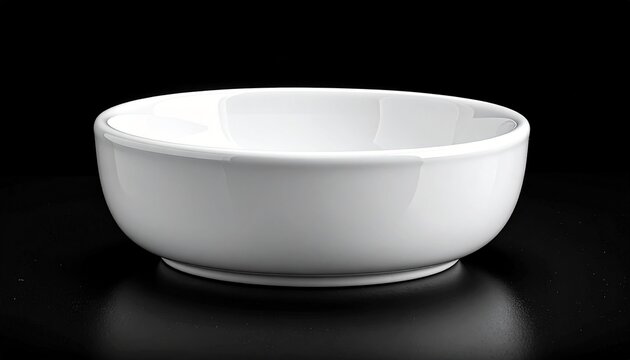 Clean and minimalist empty white ceramic bowl for soup or cereal, sitting on a reflective surface. Elegant kitchenware crockery dish isolated on a dark, solid black background in a studio shot.