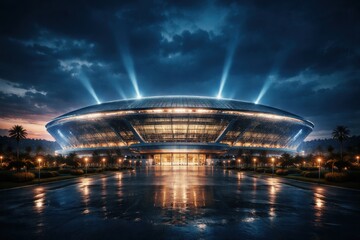 Obraz premium Modern sports stadium illuminated at night with dramatic lighting and reflections on wet pavement, surrounded by palm trees and landscaped grounds