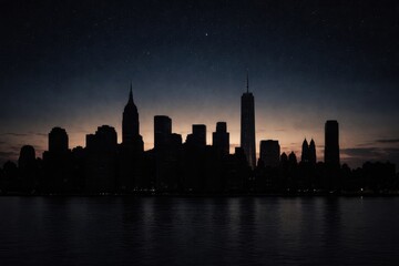 Fototapeta premium Silhouette of New York City skyline at dusk with prominent skyscrapers and the Hudson River reflecting the fading light in the background