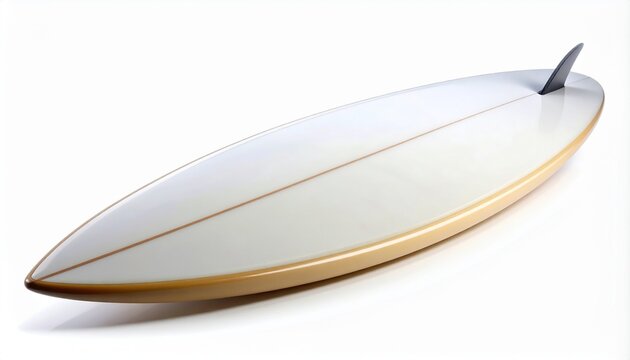 A classic single fin longboard surfboard with a vintage design, featuring a clean white deck and tan rails. Water sports equipment professionally shot in a studio isolated on a white background.
